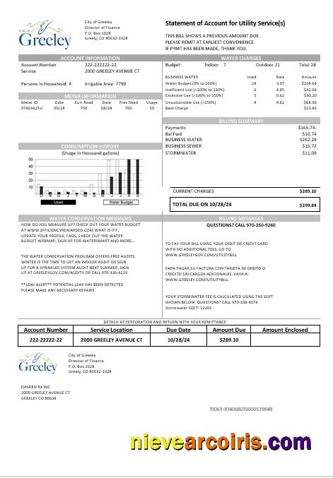 USA Colorado City of Greeley water business utility bill